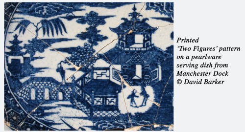 Printed ‘Two Figures’ pattern on a pearlware serving dish from Manchester Dock
